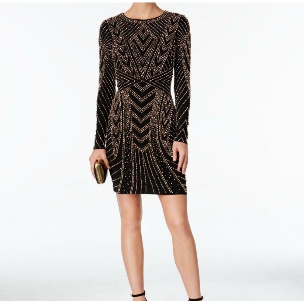 Xscape Black Beaded‎ Geometric Bodycon Mini Dress Long Sleeve Size 12 Cocktail